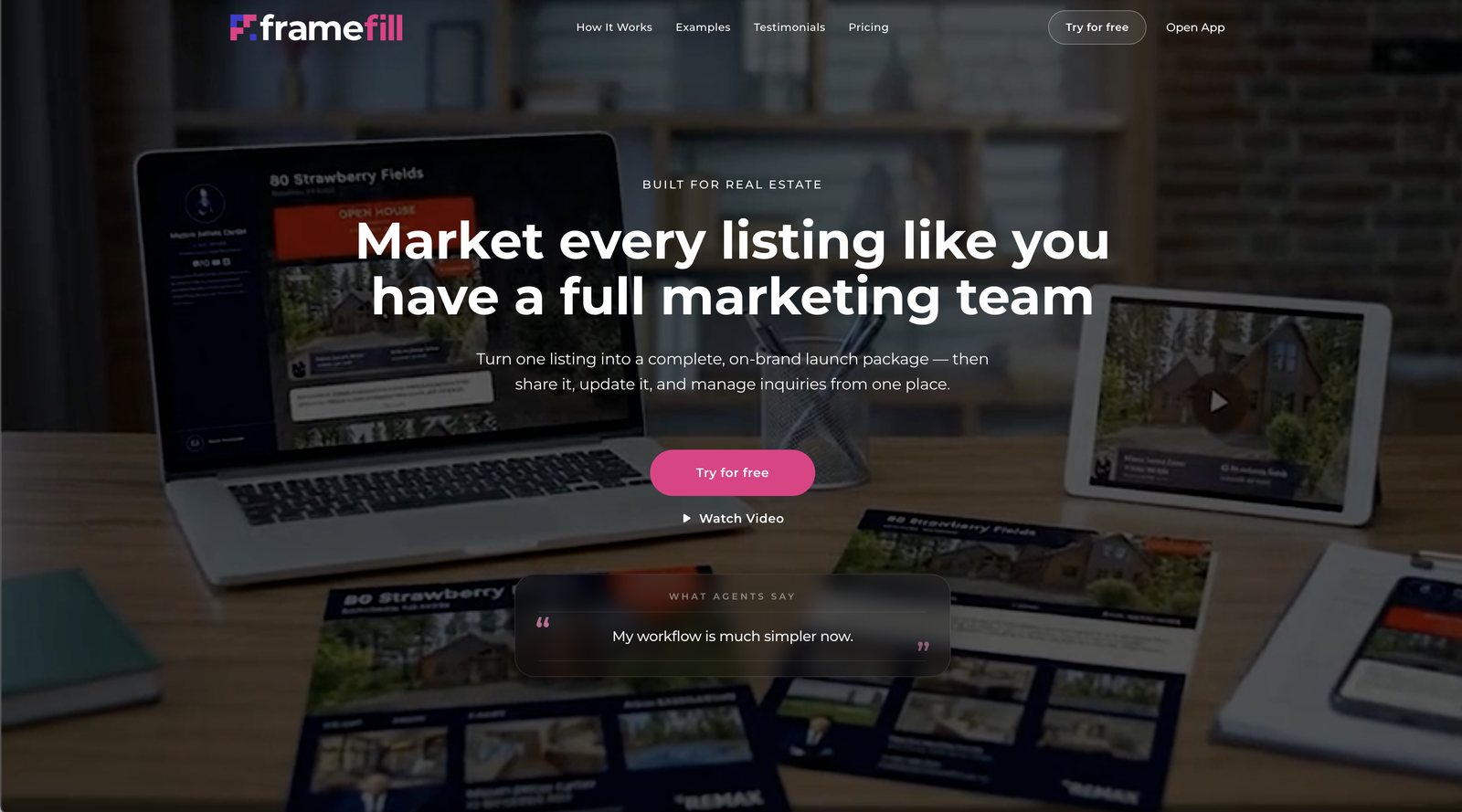 The FrameFill interface, showing marketing materials generated from a single property listing