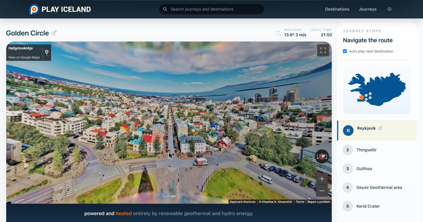 A Play Iceland digital journey in progress: a Street View panorama of Reykjavík with narration text below it and the route's stops listed alongside
